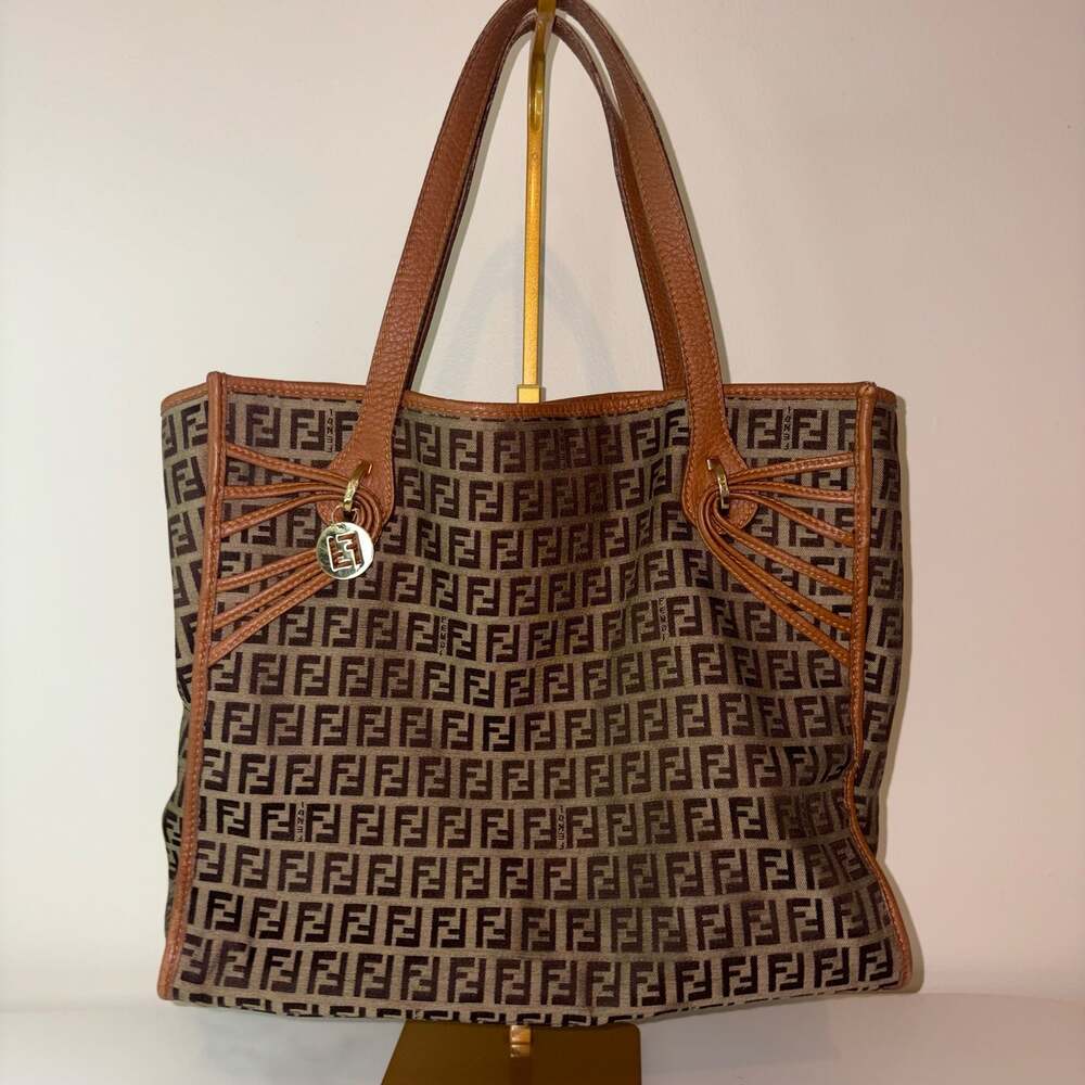 Fendi Zucchino Canvas and Brown Leather Ribbon Tote Bag